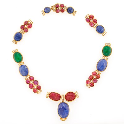 Lot 2110 - Gold, Cabochon Sapphire, Emerald, Ruby and Diamond Necklace Fragment