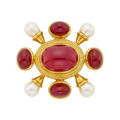 Lot Gold, Cabochon Ruby and Cultured Pearl Pendant-Brooch