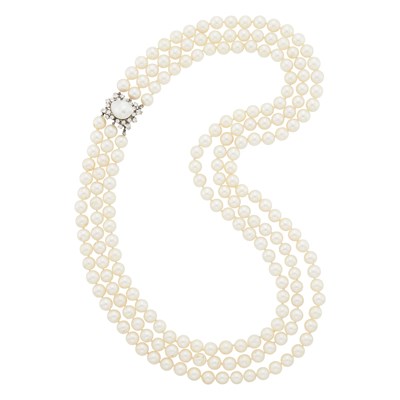 Lot 2170 - Triple Strand Cultured Pearl Necklace with White Gold, Baroque Cultured Pearl and Diamond Clasp