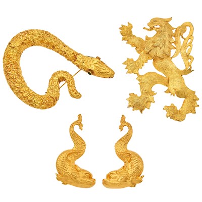 Lot 2109 - Two Gilt-Metal Snake and Lion Brooches and Pair of Sea Serpent Earclips