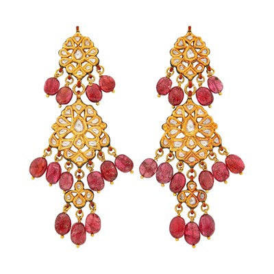 Lot 1099 - Pair of Indian Gold, Foil-Backed Diamond, Ruby Bead and Jaipur Enamel Fringe Pendant-Earrings