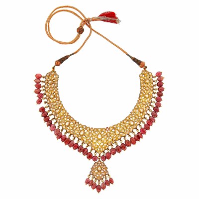 Lot 1098 - Indian Gold, Foil-Backed Diamond, Ruby Bead and Jaipur Enamel Fringe Pendant-Necklace