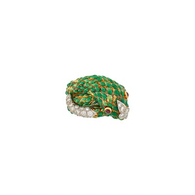 Lot 1145 - David Webb Gold, Platinum, Green Enamel and Diamond Serpent Ring