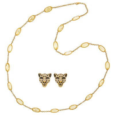 Lot 2152 - Pair of Gilt-Metal, Rhinestone and Enamel Panther Clips and Silver-Gilt and Yellow Glass Chain Necklace