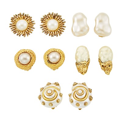 Lot 2107 - Five Pairs of Gilt-Metal and Imitation Pearl Costume Earclips