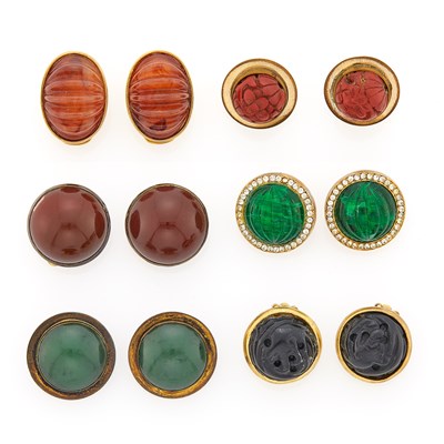 Lot 2122 - Six Pairs of Silver, Gold, Hardstone and Simulated Stone Earclips