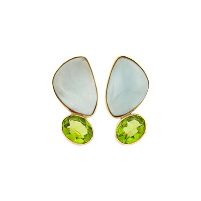 Lot 1121 - Pair of Gold, Cabochon Aquamarine and Peridot Earclips