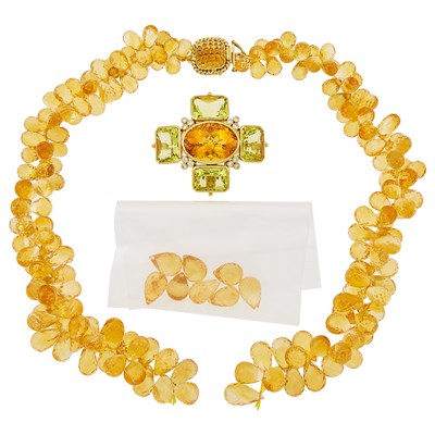 Lot 2146 - Citrine Briolette Fringe Necklace with Gold, Citrine, Lemon Quartz and Diamond Pendant-Brooch