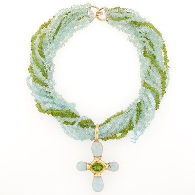 Lot 2142 - Ten Strand Aquamarine and Peridot Bead Torsade Necklace with Gold, Peridot and Cabochon Aquamarine Cross Pendant and Gold Clasp