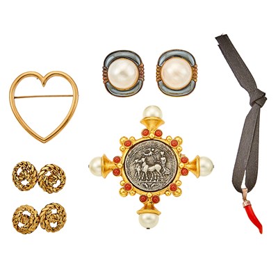 Lot 2127 - Two Gilt-Metal Brooches, Pair of Cufflinks, Silver and Mabé Pearl Earclips and Coral Charm