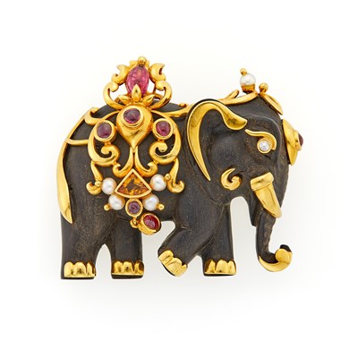 Lot Lotus Arts de Vivre Gold, Carved Ebony, Cultured Pearl, Diamond, Cabochon Ruby and Citrine Elephant Clip-Brooch