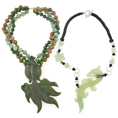 Lot 2124 - Carved Jade, Freshwater Pearl and Black Cord Necklace with Sterling Silver Clasp / Triple Strand Nephrite and Unakite Bead Necklace with Carved Nephrite Koi Fish Pendant and Gold Clasp and Carved Jade