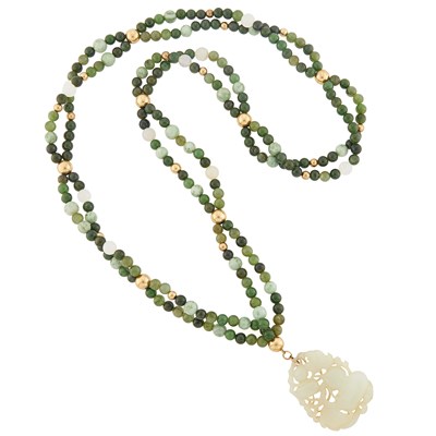 Lot 2157 - Long Double Strand Nephrite and Chalcedony Bead Necklace with Carved Jade Pendant