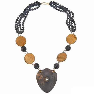 Lot 2123 - Long Black Hardstone Bead, Brown Agate and Tomb Jade Pendant-Necklace with Low Karat Gold Clasp