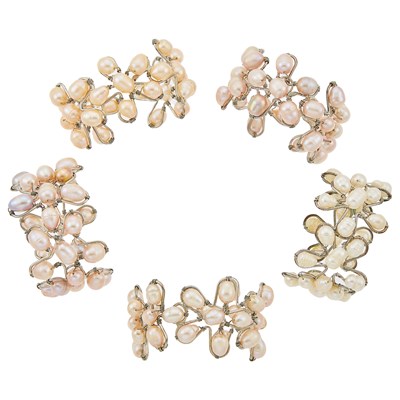 Lot 2159 - Five Silver, Metal and Multicolored Baroque Freshwater Pearl Flower Cuff Bracelets