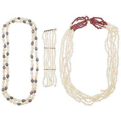 Lot 2156 - Freshwater Pearl and Garnet Bead Necklace, Semi-Baroque White and Gray Freshwater Pearl Necklace, and Six Strand Gold and Baroque Freshwater Cultured Pearl Bracelet