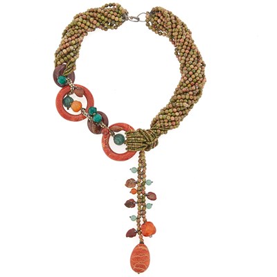 Lot 2116 - Multistrand Unakite Bead, Sponge Coral, Aventurine Quartz and Carnelian Bead Necklace with Silver Clasp