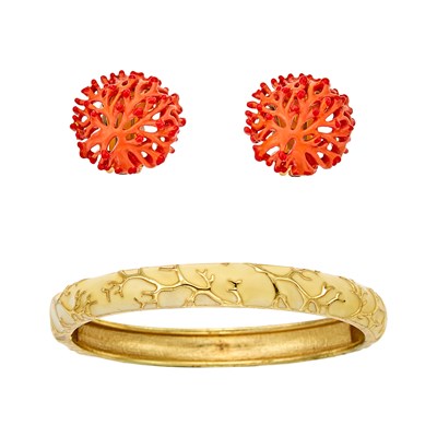 Lot 2101 - Pair of Costume Coral Reef Earclips and Bangle Bracelet