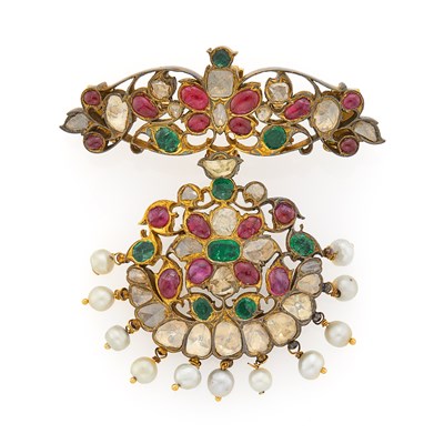 Lot 2135 - Indian Silver-Gilt, Foil-Backed Diamond, Ruby and Emerald Brooch