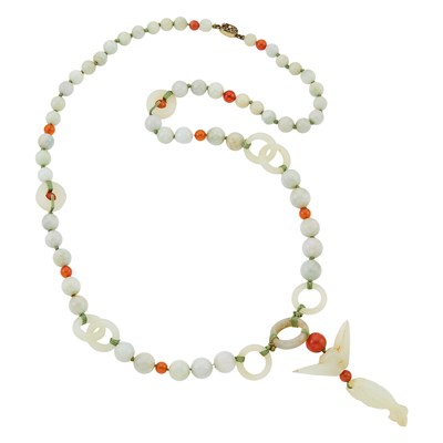 Lot 2162 - Long Jade and Carnelian Bead and Carved Jade Pendant-Necklace with Silver Clasp