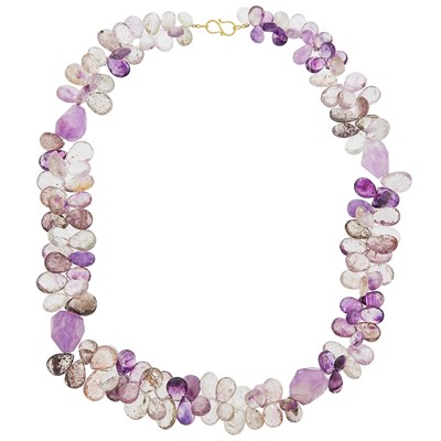 Lot 2160 - Long Amethyst, Quartz and Smoky Quartz Bead Necklace with Gold Clasp