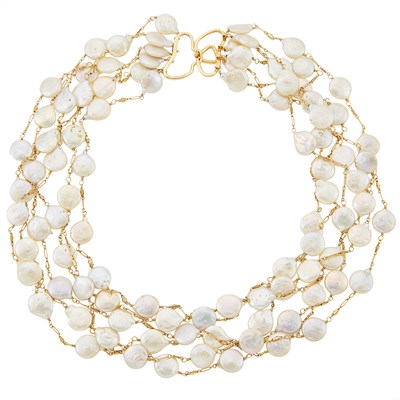 Lot 2154 - Six Strand Baroque Freshwater Pearl and Gold Necklace