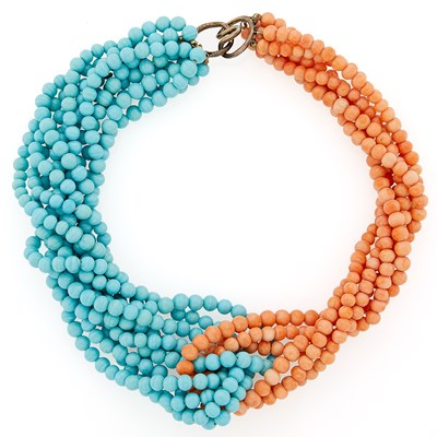 Lot 2106 - Multistrand Coral and Imitation Turquoise Bead Necklace with Silver Clasp