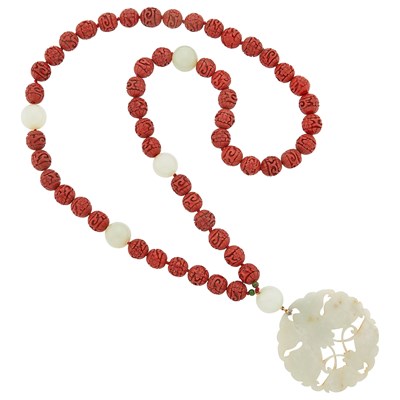 Lot 2118 - Long Carved Cinnabar and Jade Bead Pendant-Necklace