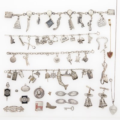 Lot 2132 - Four Silver Charm Bracelets and Group of Silver and Metal Jewelry and Fragments