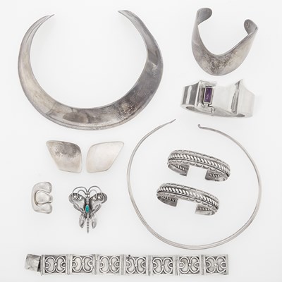 Lot 2131 - Two Silver Collar Necklaces, Four Bangle Bracelets, Bracelet, Ring, Brooch and Pair of Earclips