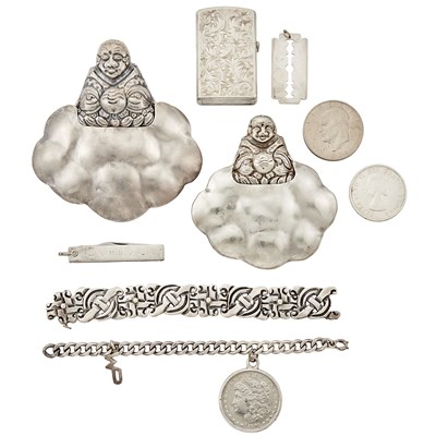 Lot 2141 - Two Silver Pendants, Lighter, Pendant-Knife, Three Silver and Metal Coins, Silver Pendant and Two Bracelets