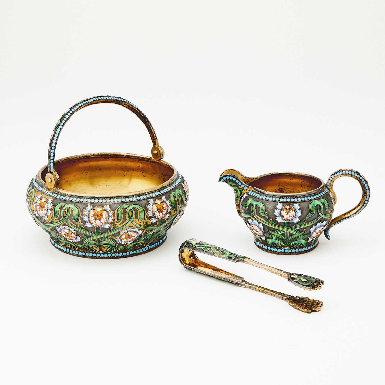 Lot 81 - Russian Silver-Gilt and Cloisonné Enamel Sugar Bowl, Cream Jug and Tongs