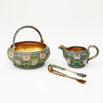 Lot 81 - Russian Silver-Gilt and Cloisonné Enamel Sugar Bowl, Cream Jug and Tongs