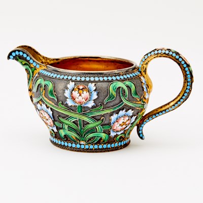 Lot 81 - Russian Silver-Gilt and Cloisonné Enamel Sugar Bowl, Cream Jug and Tongs