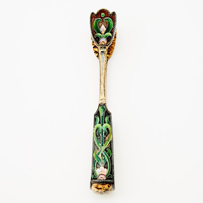 Lot 81 - Russian Silver-Gilt and Cloisonné Enamel Sugar Bowl, Cream Jug and Tongs