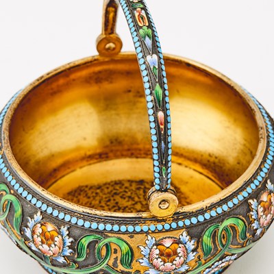 Lot 81 - Russian Silver-Gilt and Cloisonné Enamel Sugar Bowl, Cream Jug and Tongs