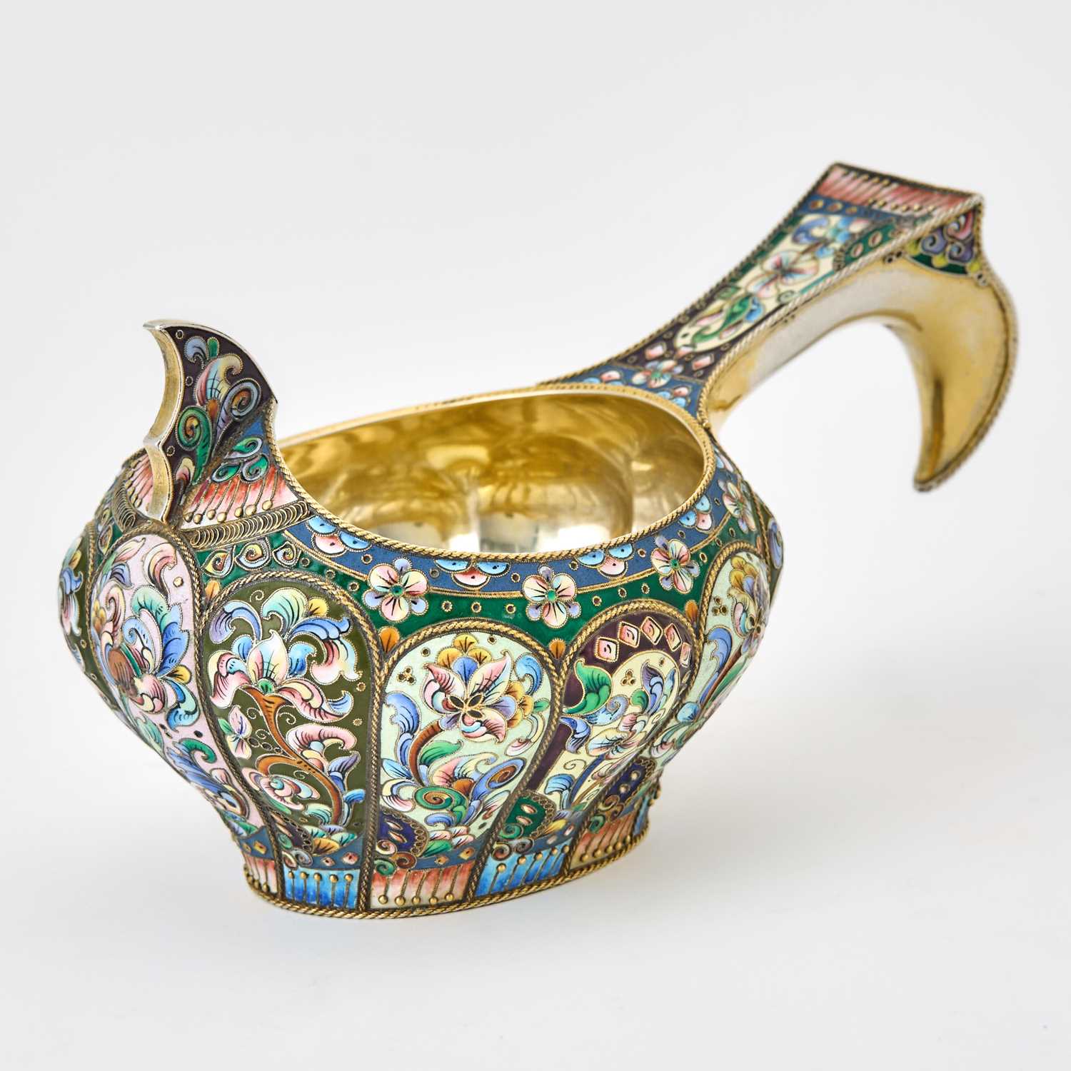 Lot 67 - Russian Silver-Gilt and Cloisonné Enamel Kovsh