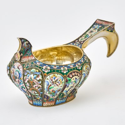 Lot 67 - Russian Silver-Gilt and Cloisonné Enamel Kovsh