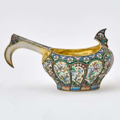 Lot 67 - Russian Silver-Gilt and Cloisonné Enamel Kovsh