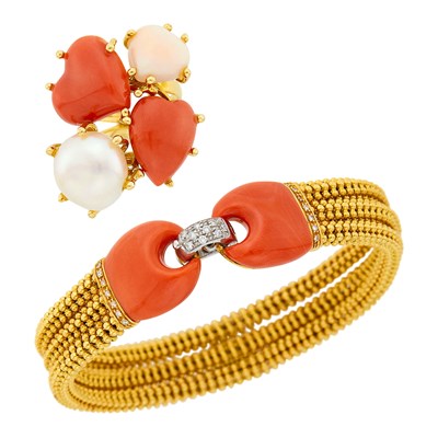 Lot 1083 - Two-Color Gold, Coral and Diamond Bracelet and Gold, Coral and Cultured Freshwater Pearl Ring