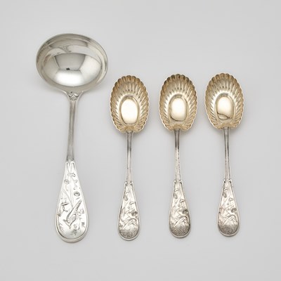 Lot 131 - Three Tiffany & Co. Sterling Silver "Japanese" Pattern Sorbet Spoons and an "Audubon" Pattern Ladle