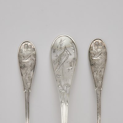 Lot 131 - Three Tiffany & Co. Sterling Silver "Japanese" Pattern Sorbet Spoons and an "Audubon" Pattern Ladle