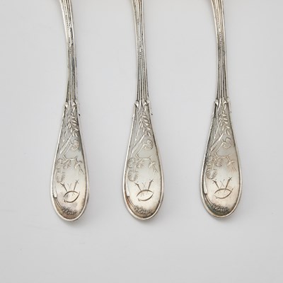 Lot 131 - Three Tiffany & Co. Sterling Silver "Japanese" Pattern Sorbet Spoons and an "Audubon" Pattern Ladle