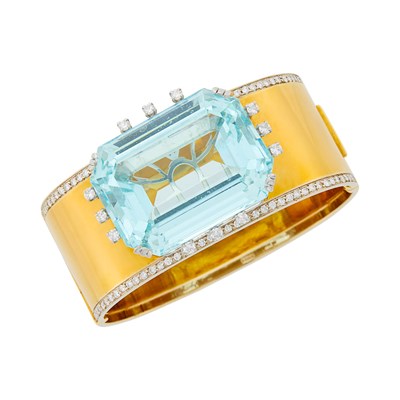 Lot 80 - Two-Color Gold, Platinum, Aquamarine and Diamond Cuff Bangle Bracelet