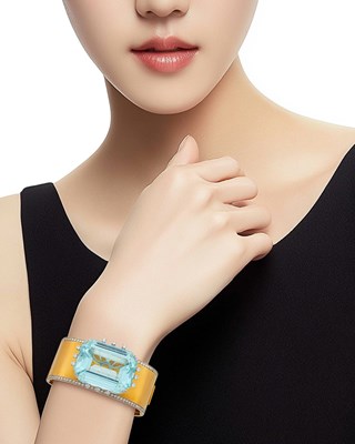 Lot 80 - Two-Color Gold, Platinum, Aquamarine and Diamond Cuff Bangle Bracelet