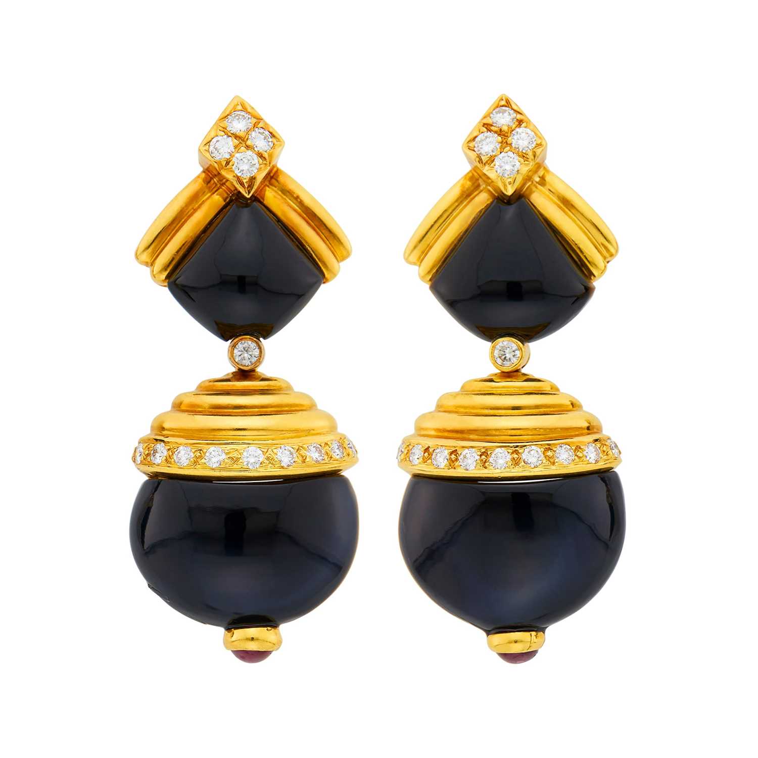 Lot 6 - Pair of Gold, Black Onyx, Diamond and Cabochon Ruby Pendant-Earrings