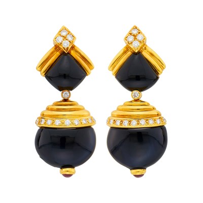 Lot 6 - Pair of Gold, Black Onyx, Diamond and Cabochon Ruby Pendant-Earrings