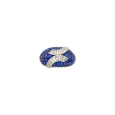 Lot 152 - Platinum, Invisibly-Set Sapphire and Diamond Bombé Ring, France