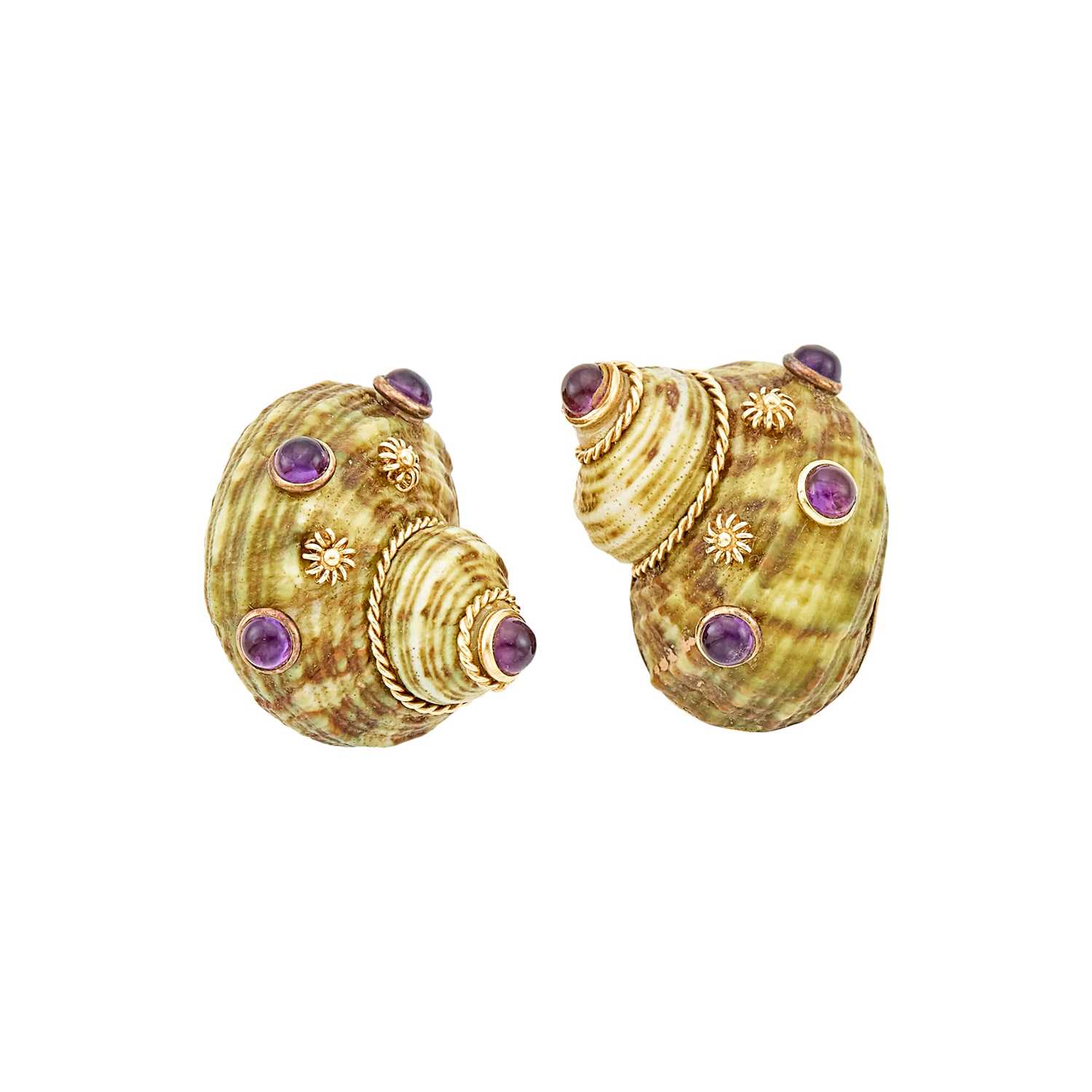 Lot 1001 - Maz Pair of Gold, Green Shell and Amethyst Earclips