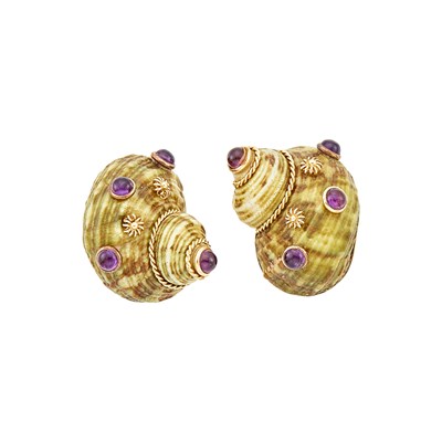 Lot 1001 - Maz Pair of Gold, Green Shell and Amethyst Earclips